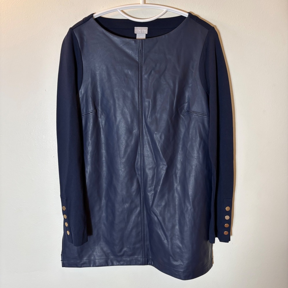 Chico's Navy Blue Faux Leather Front Tunic Top Size 0 Small